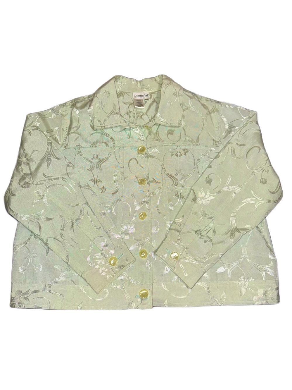 Coldwater Creek PXL Floral Jacket Light Green Jean Style Lightweight Lined EUC